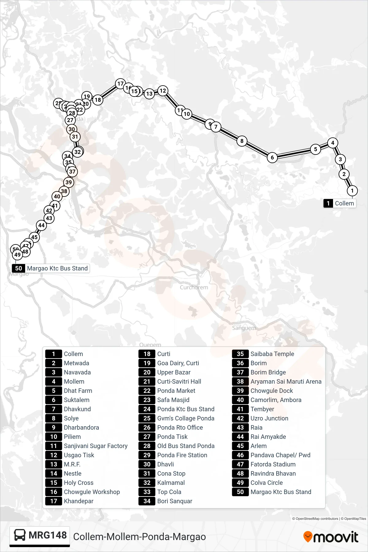 MRG148 bus Line (Collem-Mollem-Ponda-Margao) route and stops on a map