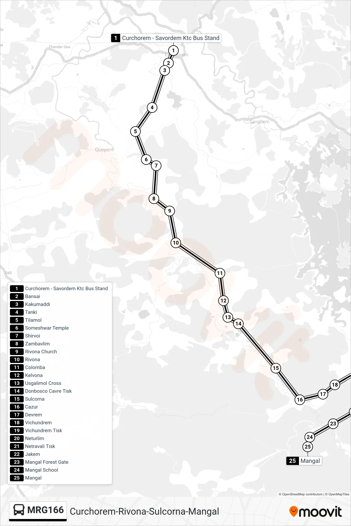 MRG166 bus Line (Curchorem-Rivona-Sulcorna-Mangal) route and stops on a map