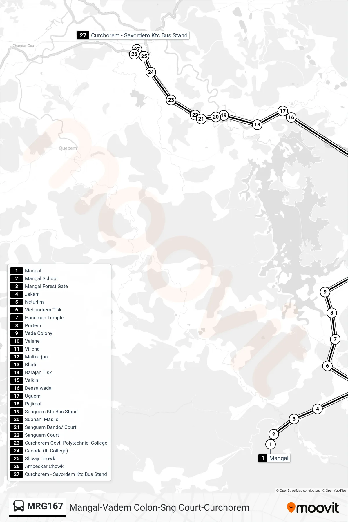 MRG167 bus Line (Mangal-Vadem Colon-Sng Court-Curchorem) route and stops on a map