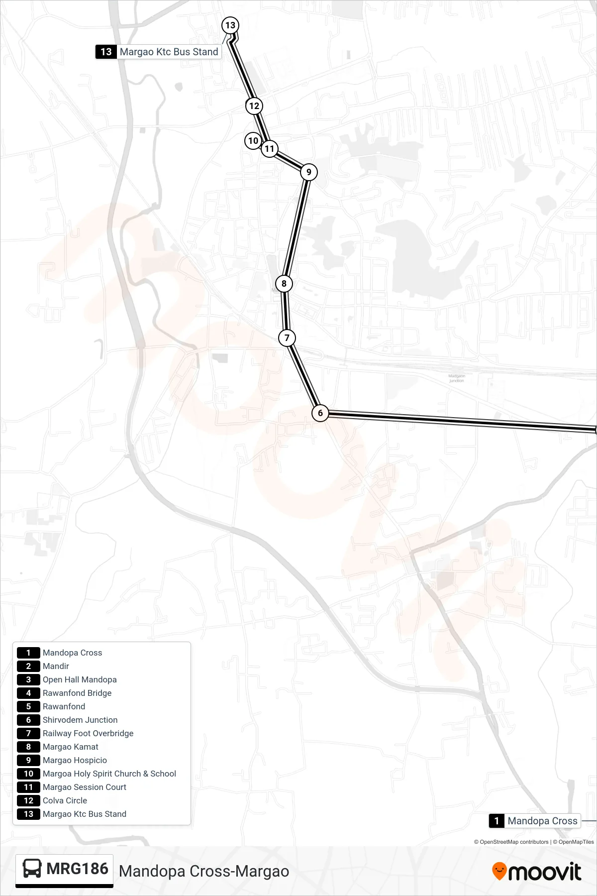 MRG186 bus Line (Mandopa Cross-Margao) route and stops on a map