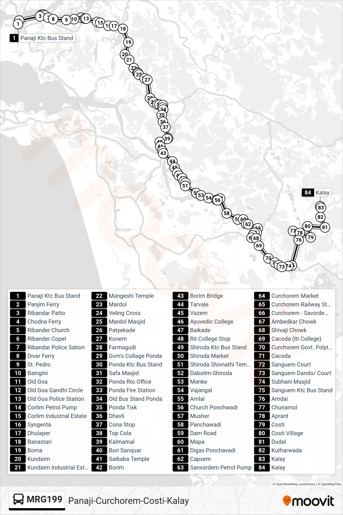 MRG199 bus Line (Panaji-Curchorem-Costi-Kalay) route and stops on a map