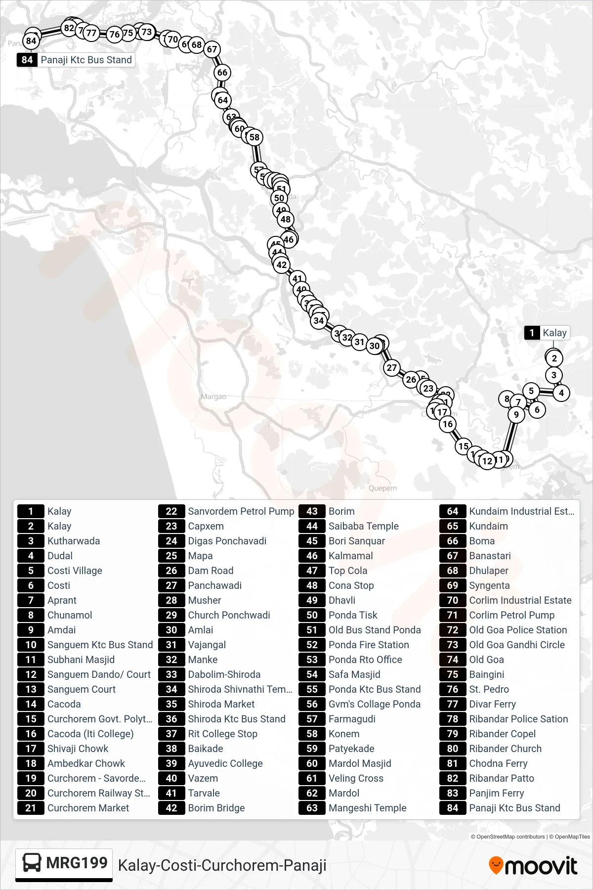 MRG199 bus Line (Kalay-Costi-Curchorem-Panaji) route and stops on a map