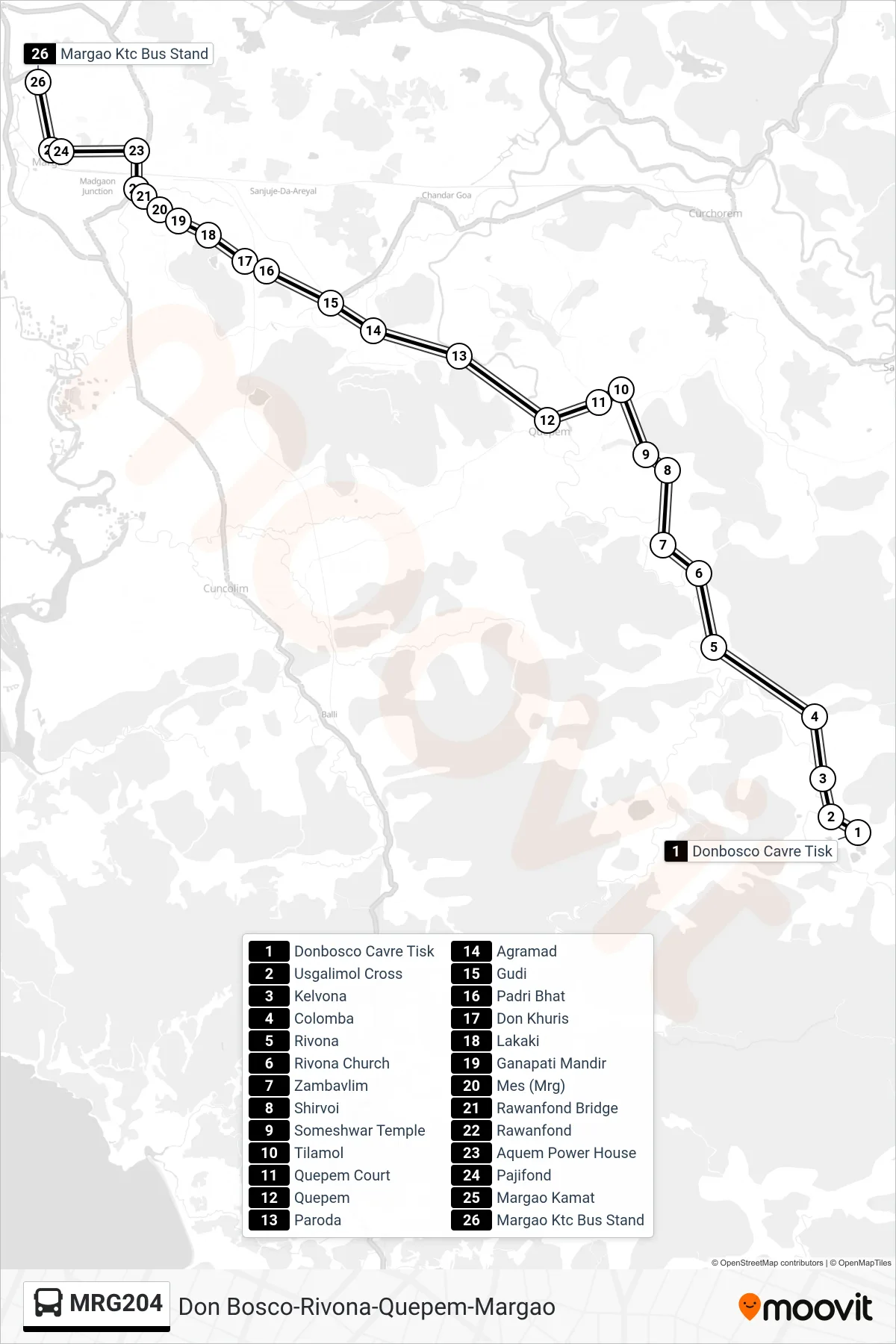 MRG204 bus Line (Don Bosco-Rivona-Quepem-Margao) route and stops on a map