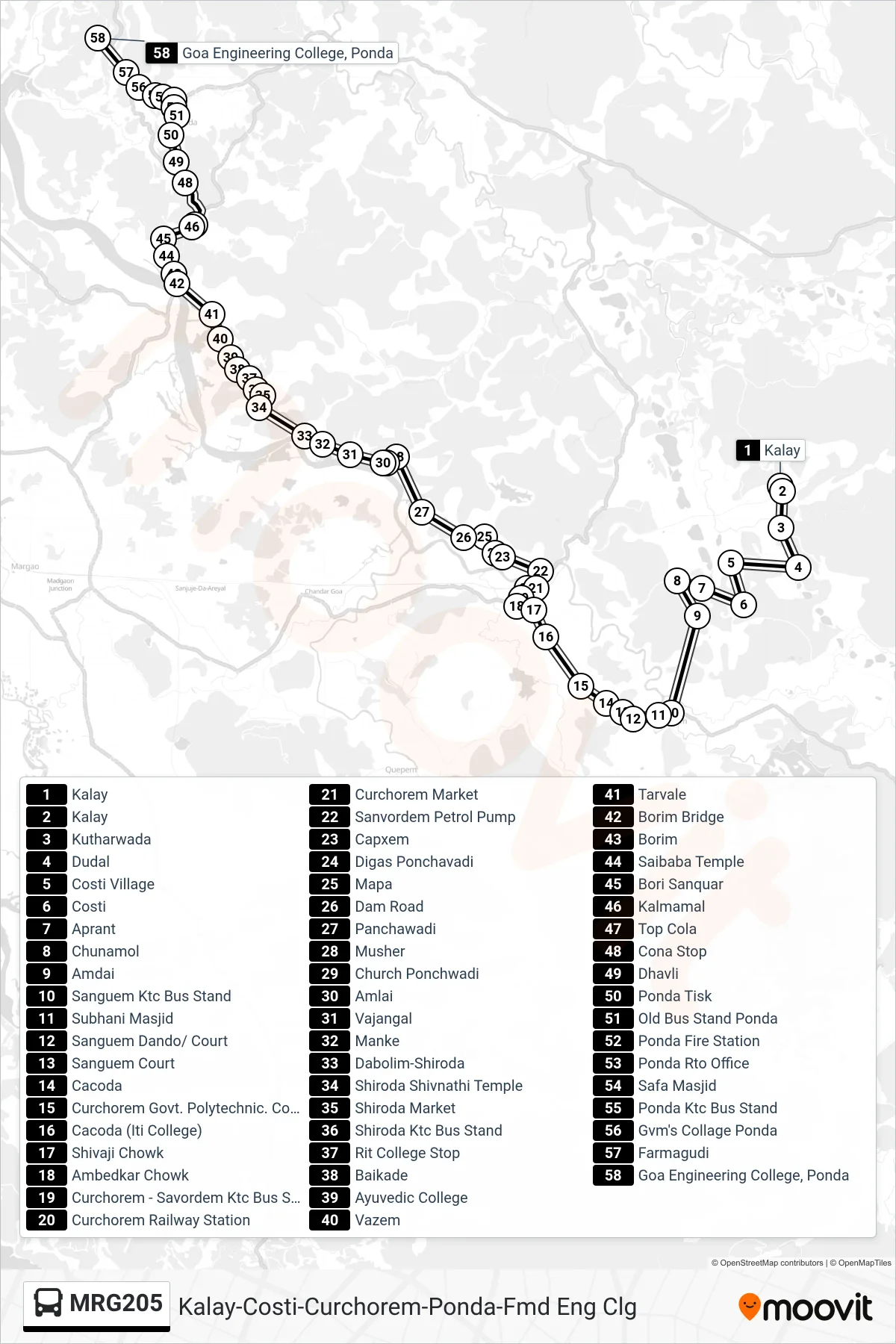 MRG205 bus Line (Kalay-Costi-Curchorem-Ponda-Fmd Eng Clg) route and stops on a map