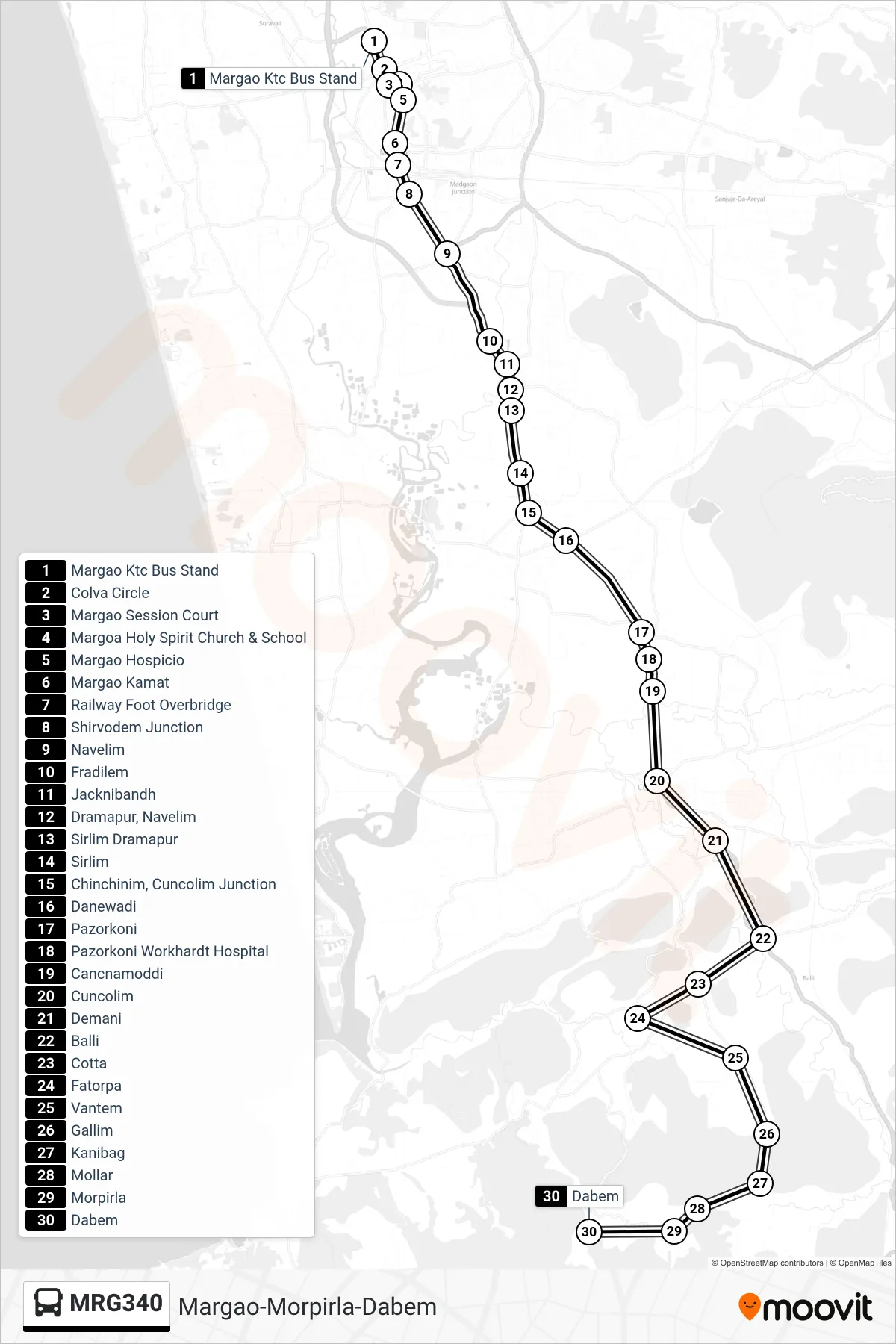 MRG340 bus Line (Margao-Morpirla-Dabem) route and stops on a map