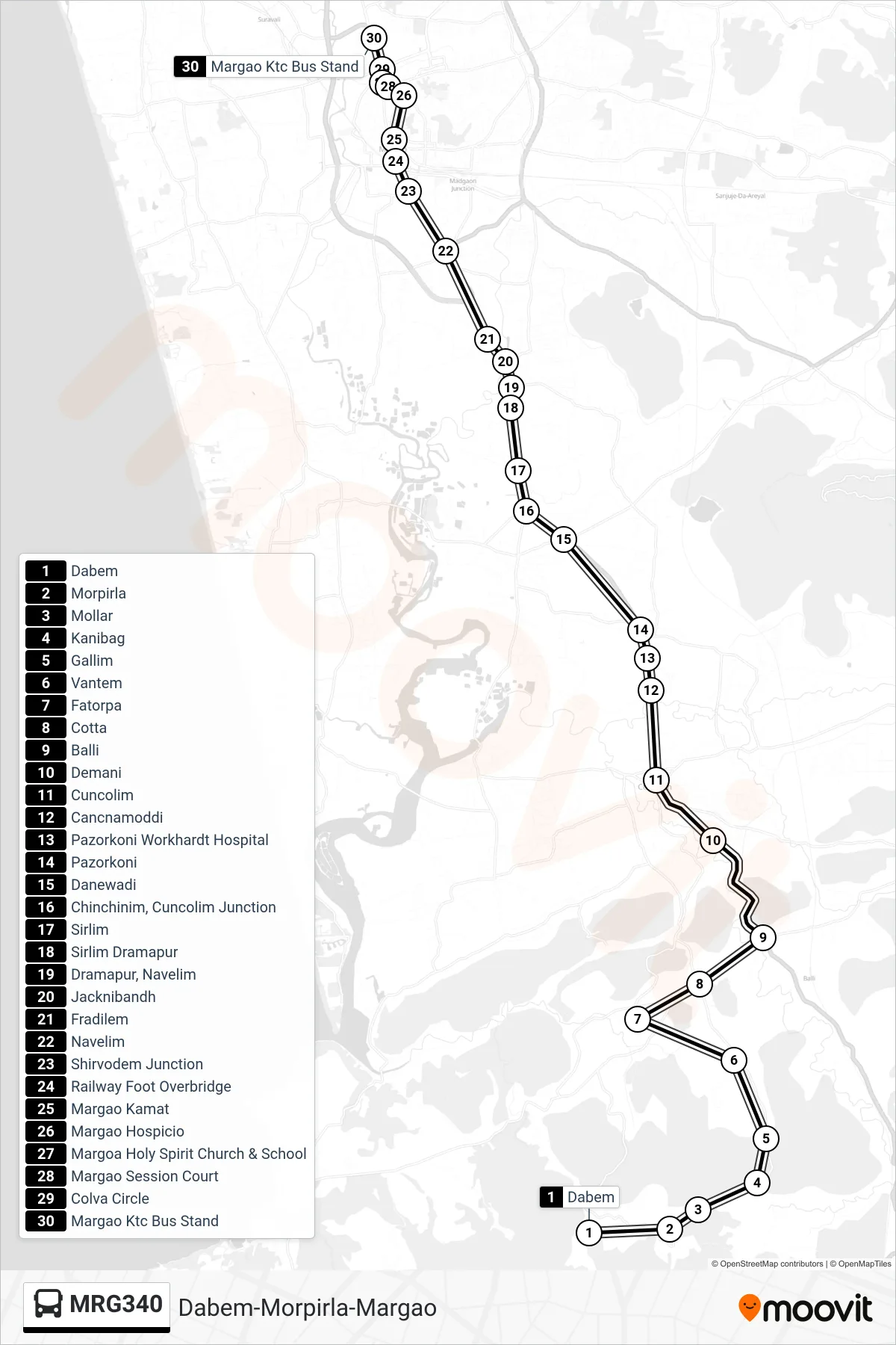 MRG340 bus Line (Dabem-Morpirla-Margao) route and stops on a map