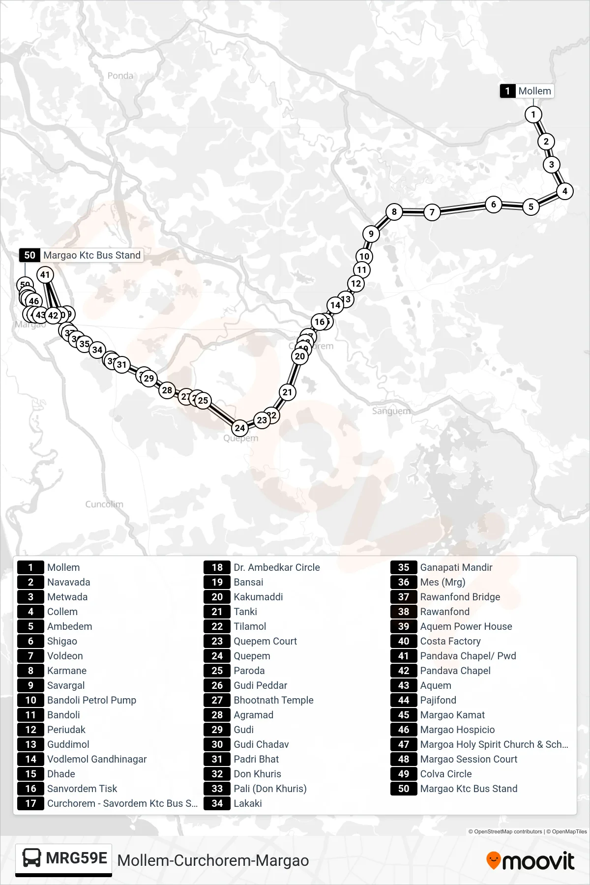 MRG59E bus Line (Mollem-Curchorem-Margao) route and stops on a map