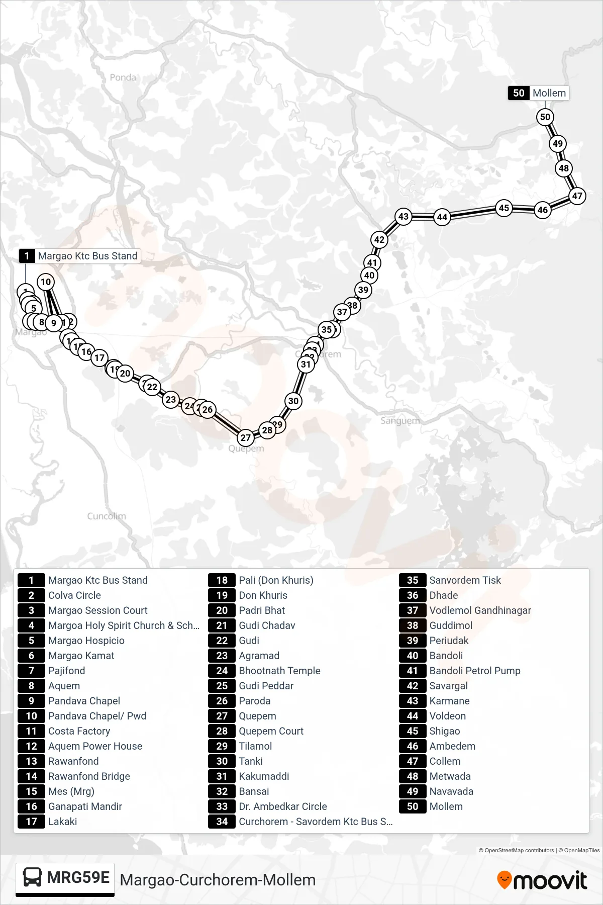 MRG59E bus Line (Margao-Curchorem-Mollem) route and stops on a map