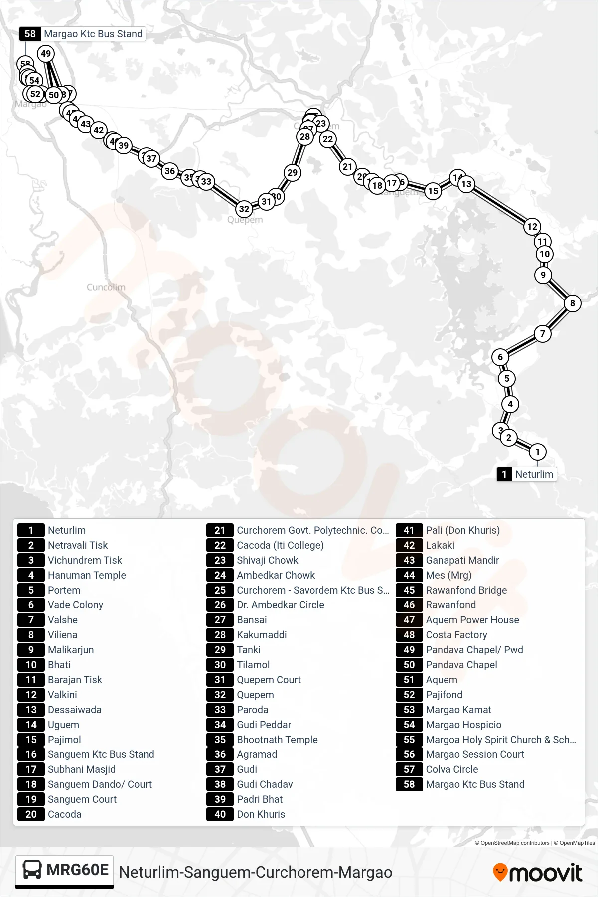 MRG60E bus Line (Neturlim-Sanguem-Curchorem-Margao) route and stops on a map
