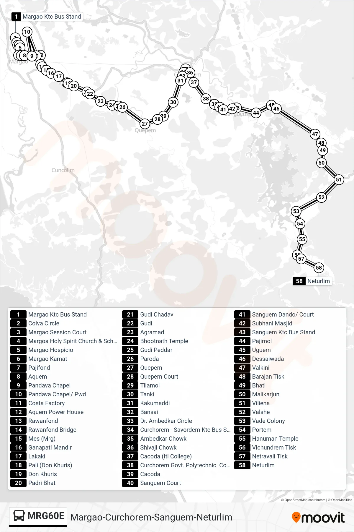 MRG60E bus Line (Margao-Curchorem-Sanguem-Neturlim) route and stops on a map