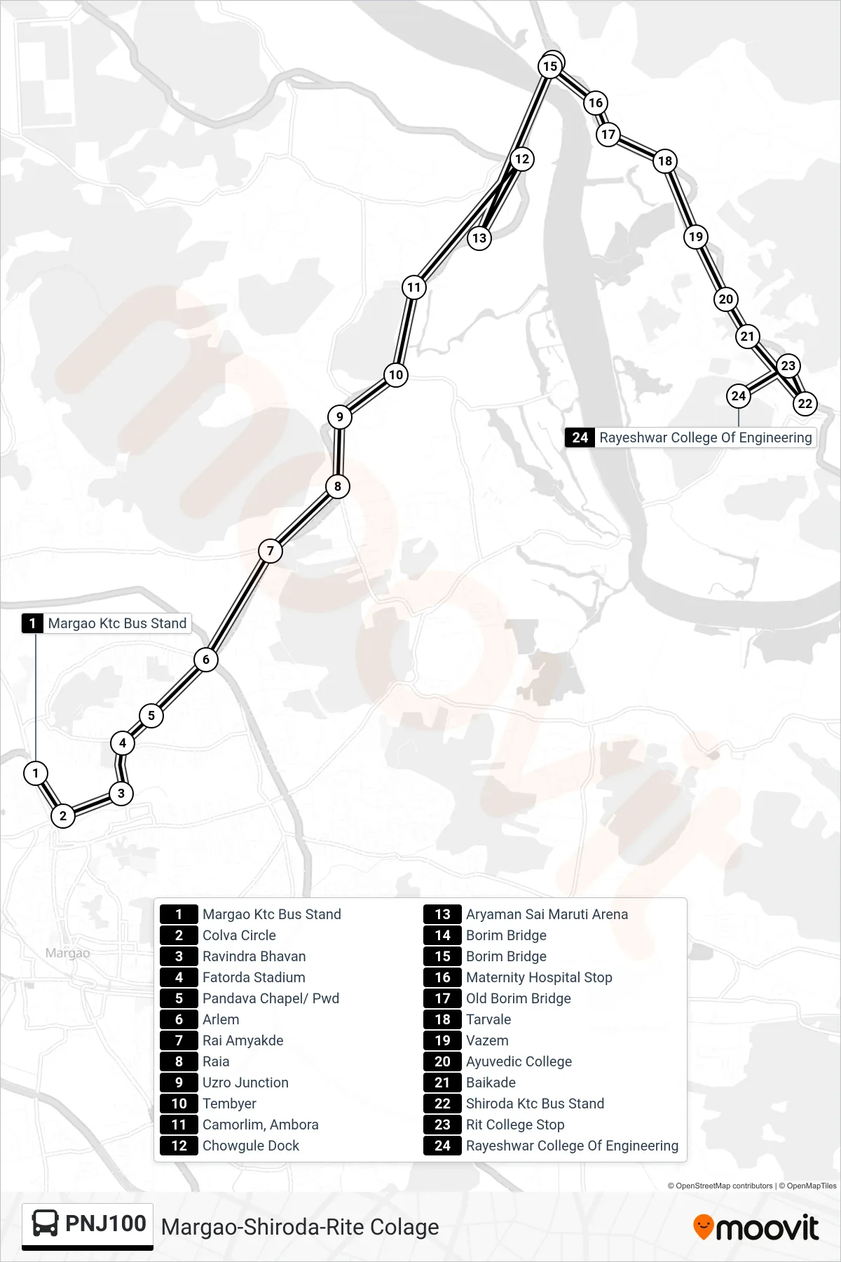 PNJ100 bus Line (Margao-Shiroda-Rite Colage) route and stops on a map