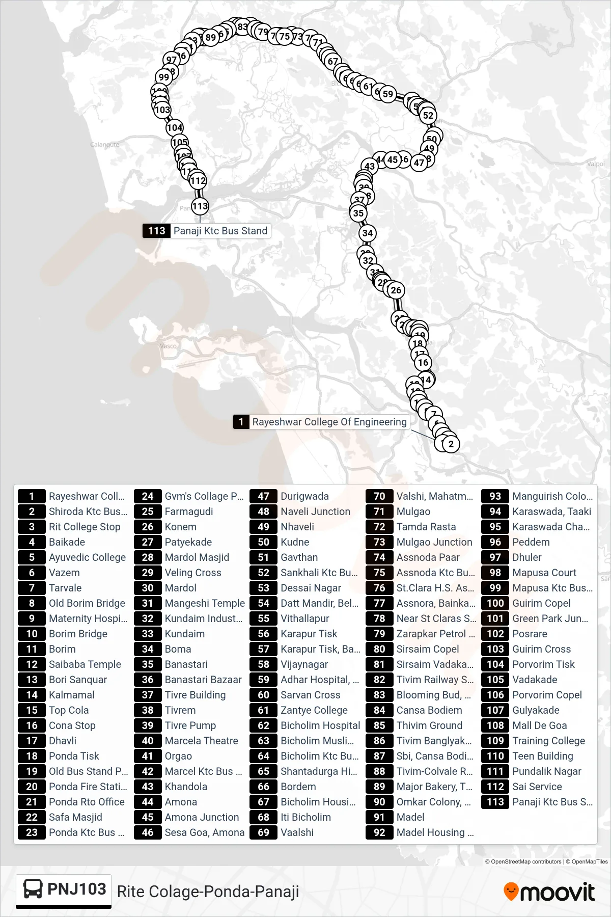 PNJ103 bus Line (Rite Colage-Ponda-Panaji) route and stops on a map