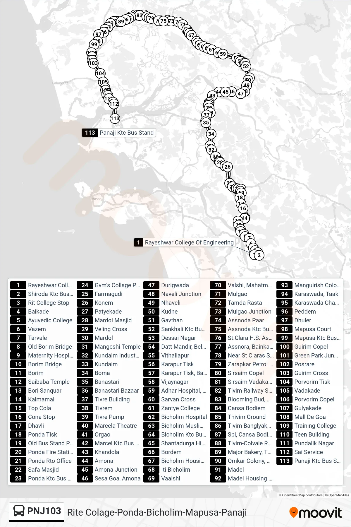 PNJ103 bus Line (Rite Colage-Ponda-Bicholim-Mapusa-Panaji) route and stops on a map