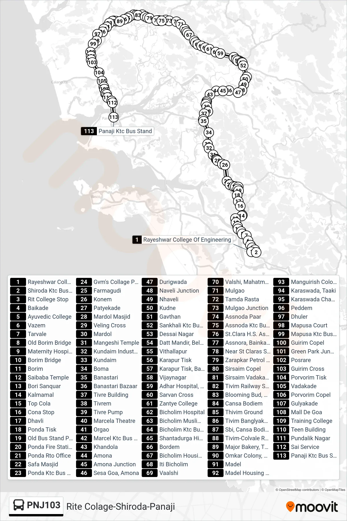 PNJ103 bus Line (Rite Colage-Shiroda-Panaji) route and stops on a map