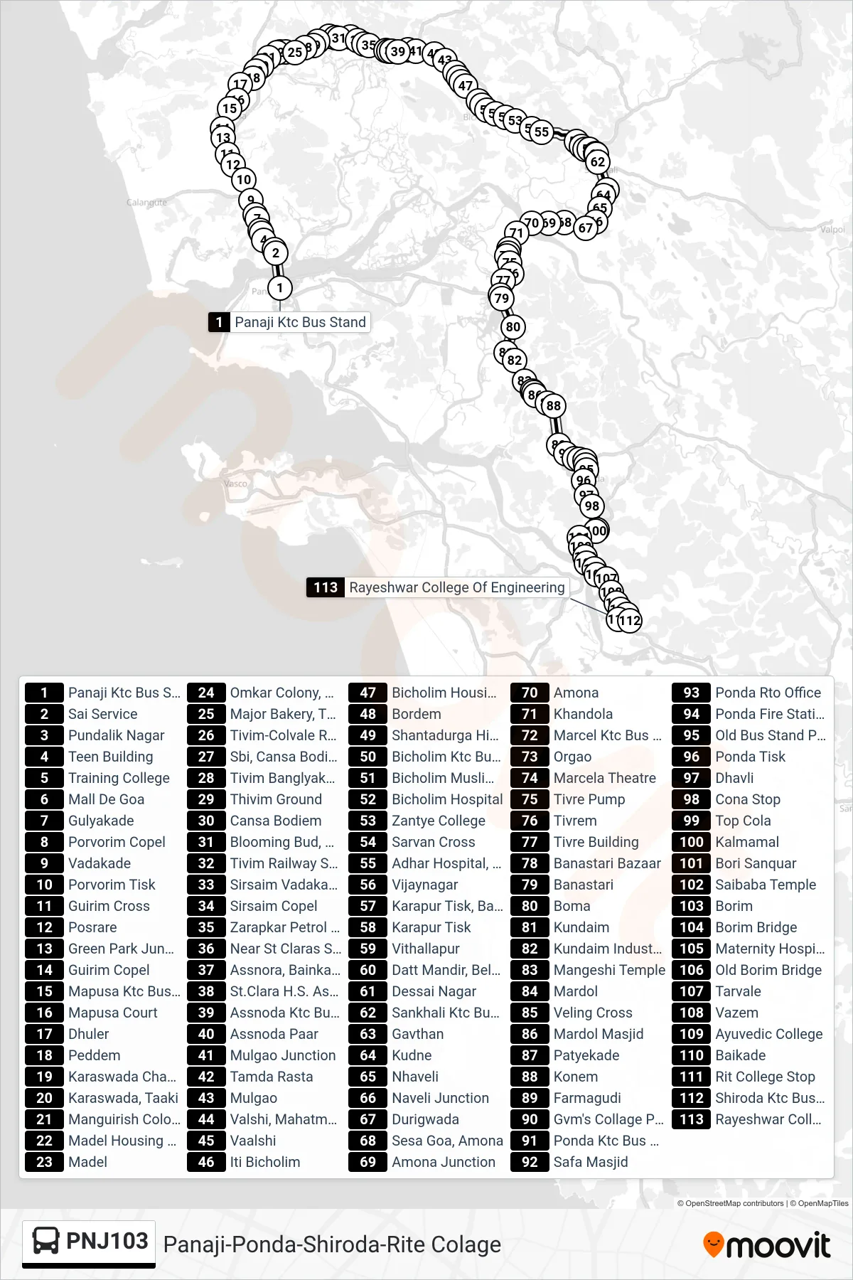 PNJ103 bus Line (Panaji-Ponda-Shiroda-Rite Colage) route and stops on a map