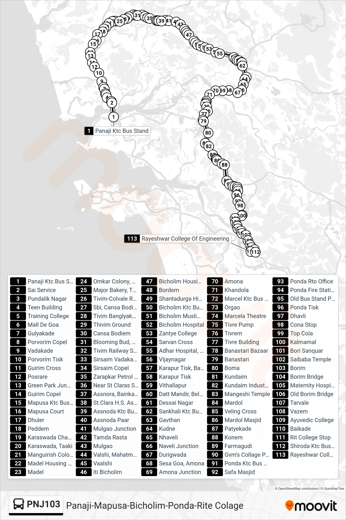 PNJ103 bus Line (Panaji-Mapusa-Bicholim-Ponda-Rite Colage) route and stops on a map