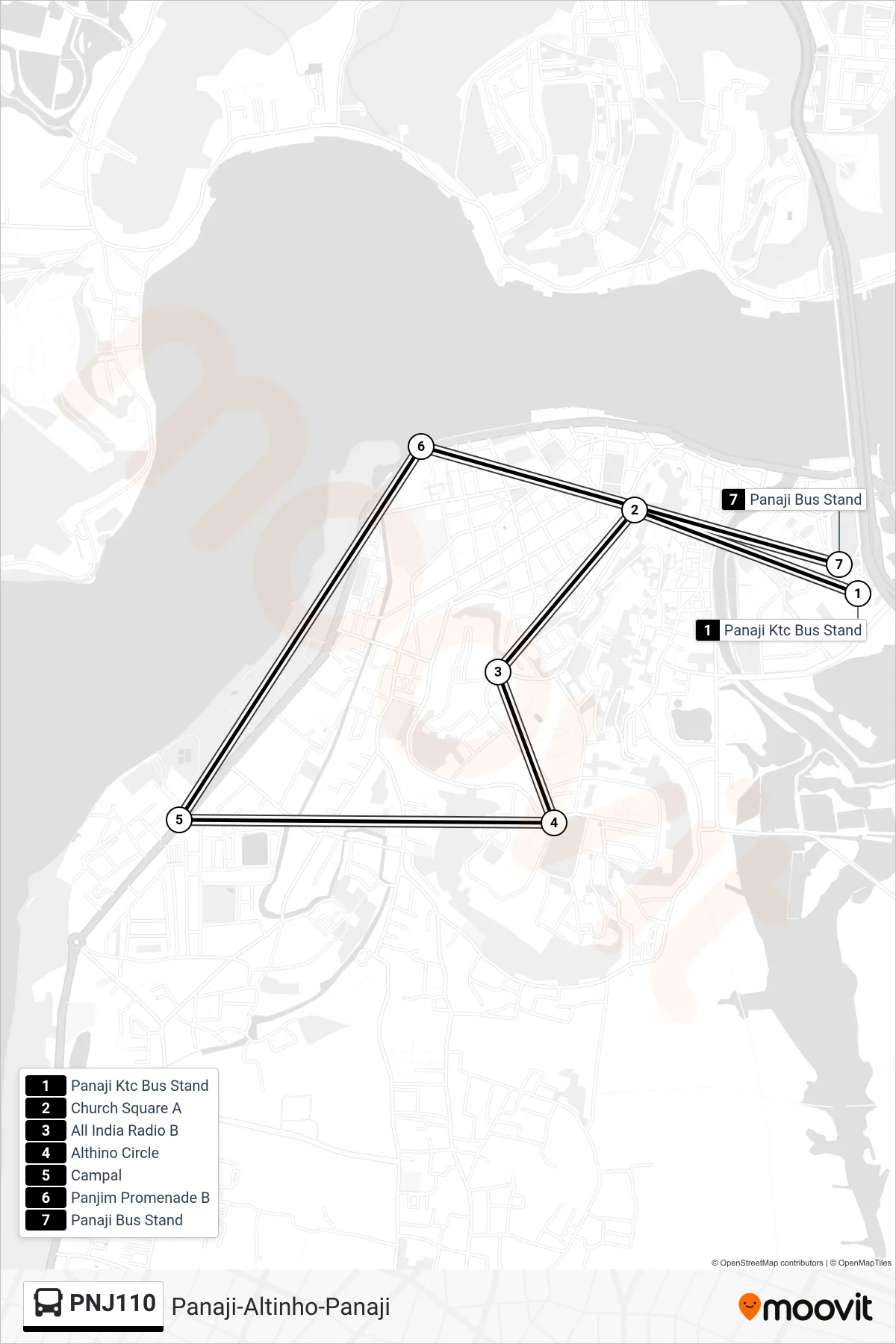 PNJ110 bus Line (Panaji-Altinho-Panaji) route and stops on a map