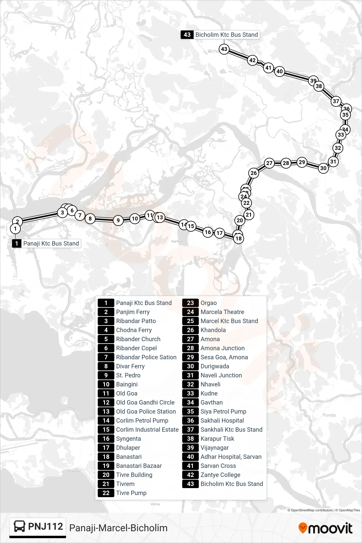 PNJ112 bus Line (Panaji-Marcel-Bicholim) route and stops on a map