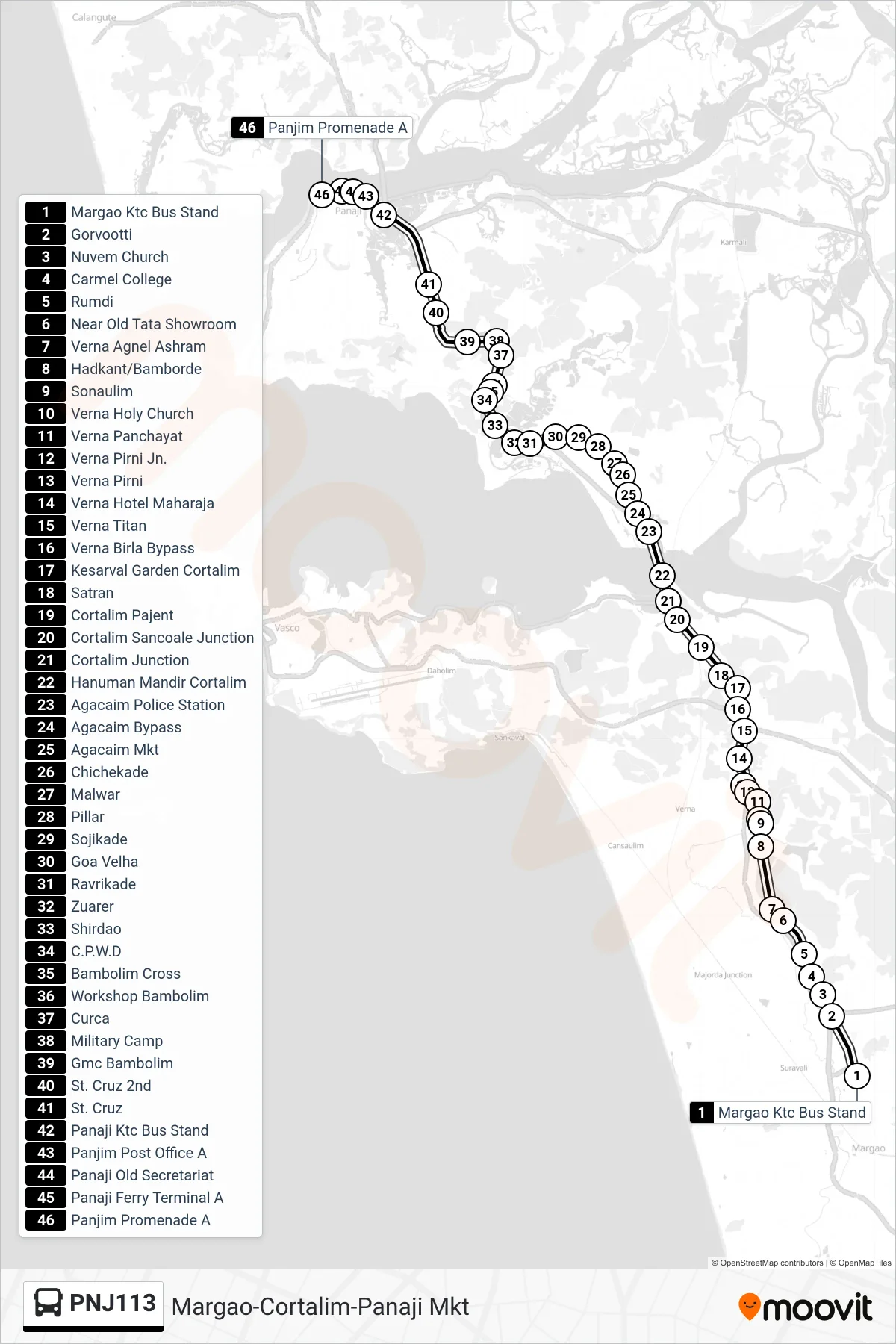 PNJ113 bus Line (Margao-Cortalim-Panaji Mkt) route and stops on a map