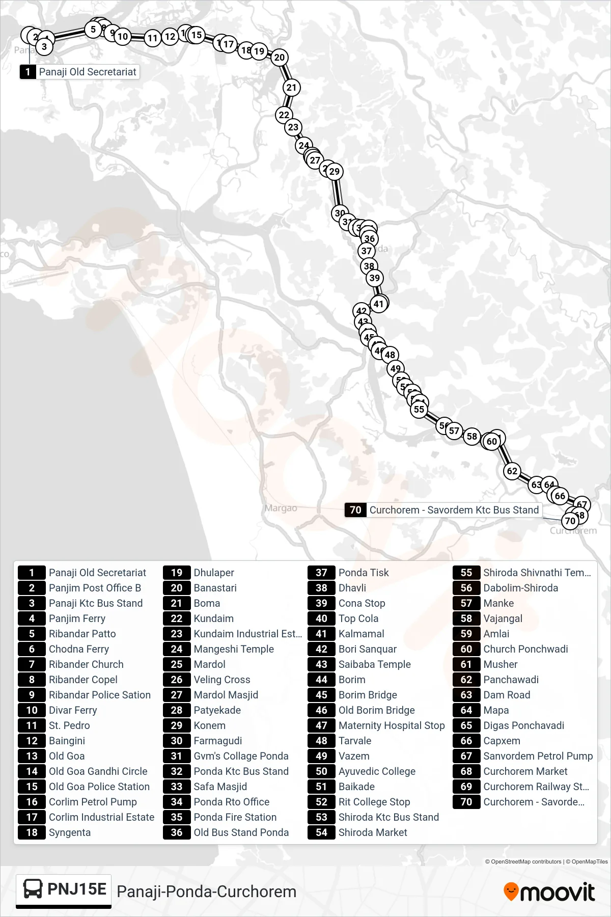 PNJ15E bus Line (Panaji-Ponda-Curchorem) route and stops on a map