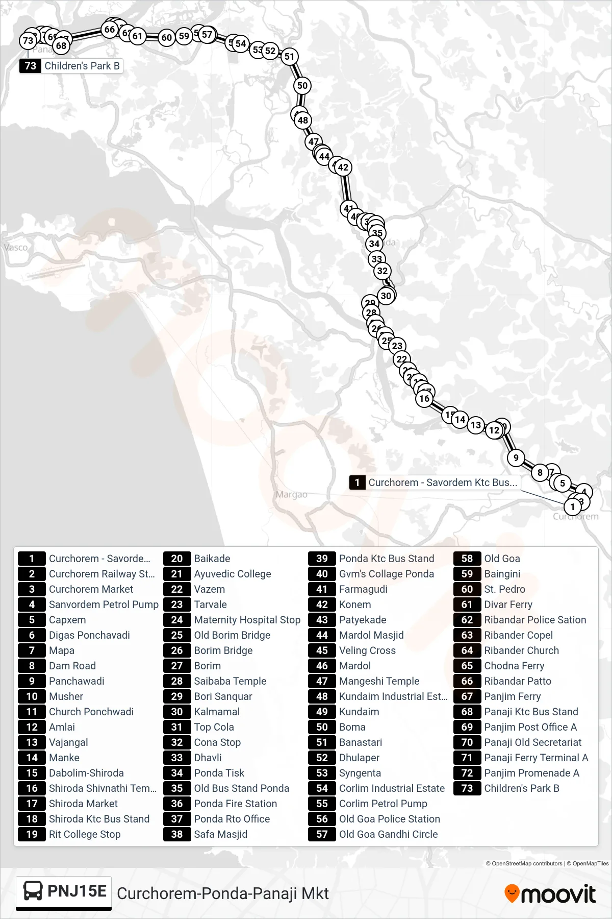 PNJ15E bus Line (Curchorem-Ponda-Panaji Mkt) route and stops on a map