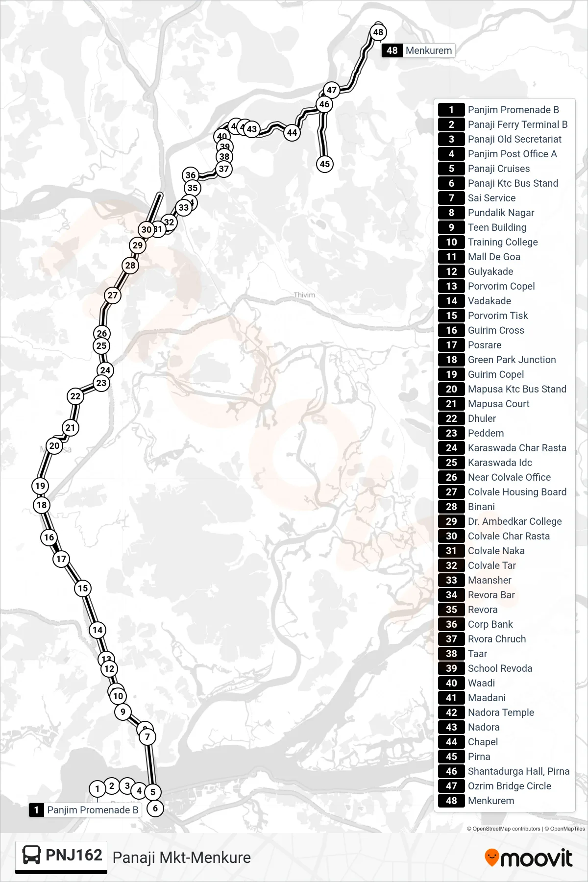 PNJ162 bus Line (Panaji Mkt-Menkure) route and stops on a map