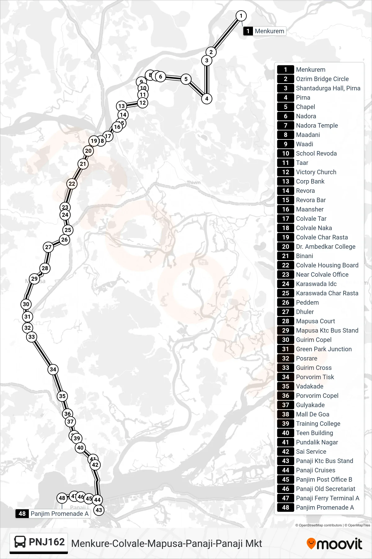 PNJ162 bus Line (Menkure-Colvale-Mapusa-Panaji-Panaji Mkt) route and stops on a map