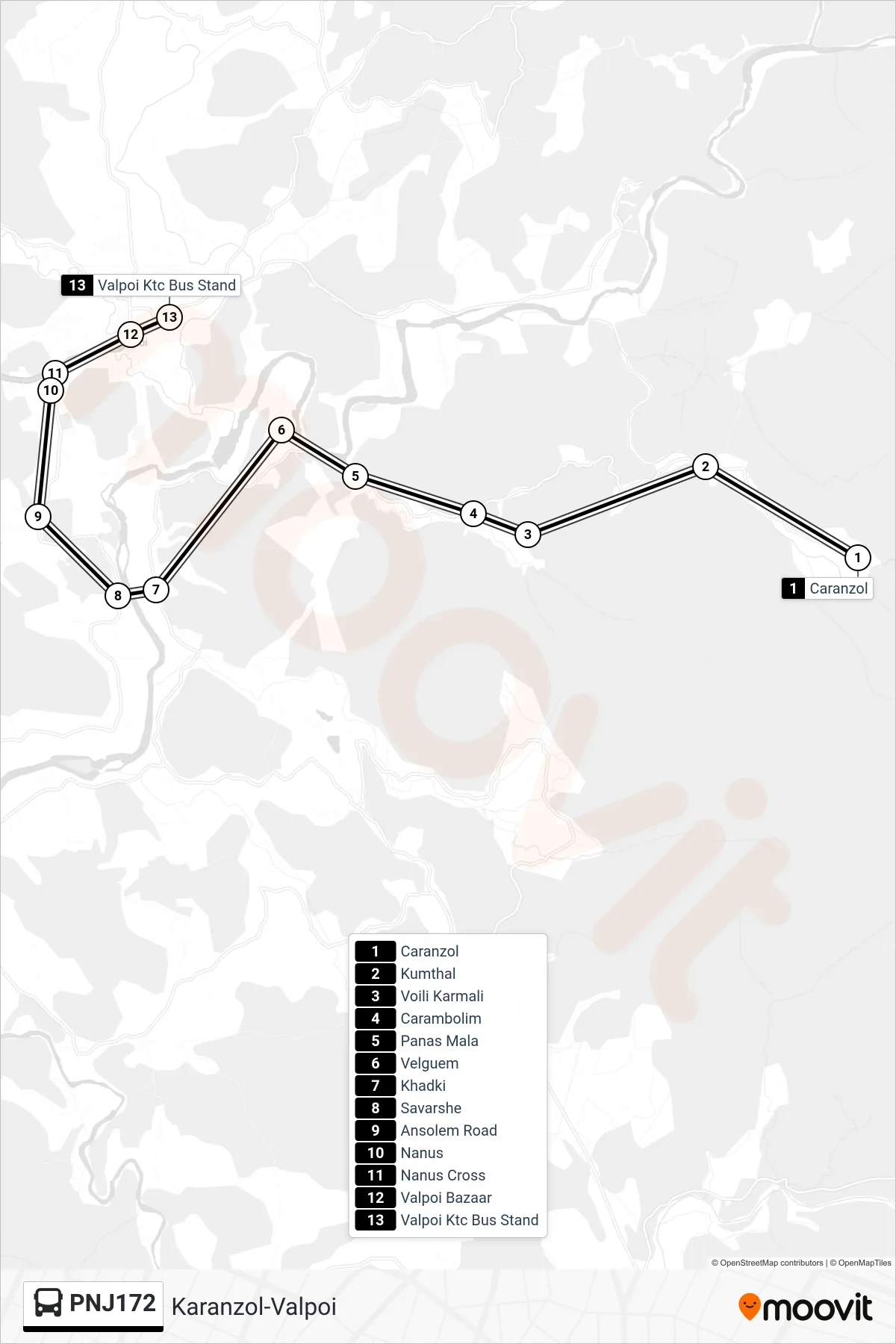 PNJ172 bus Line (Karanzol-Valpoi) route and stops on a map