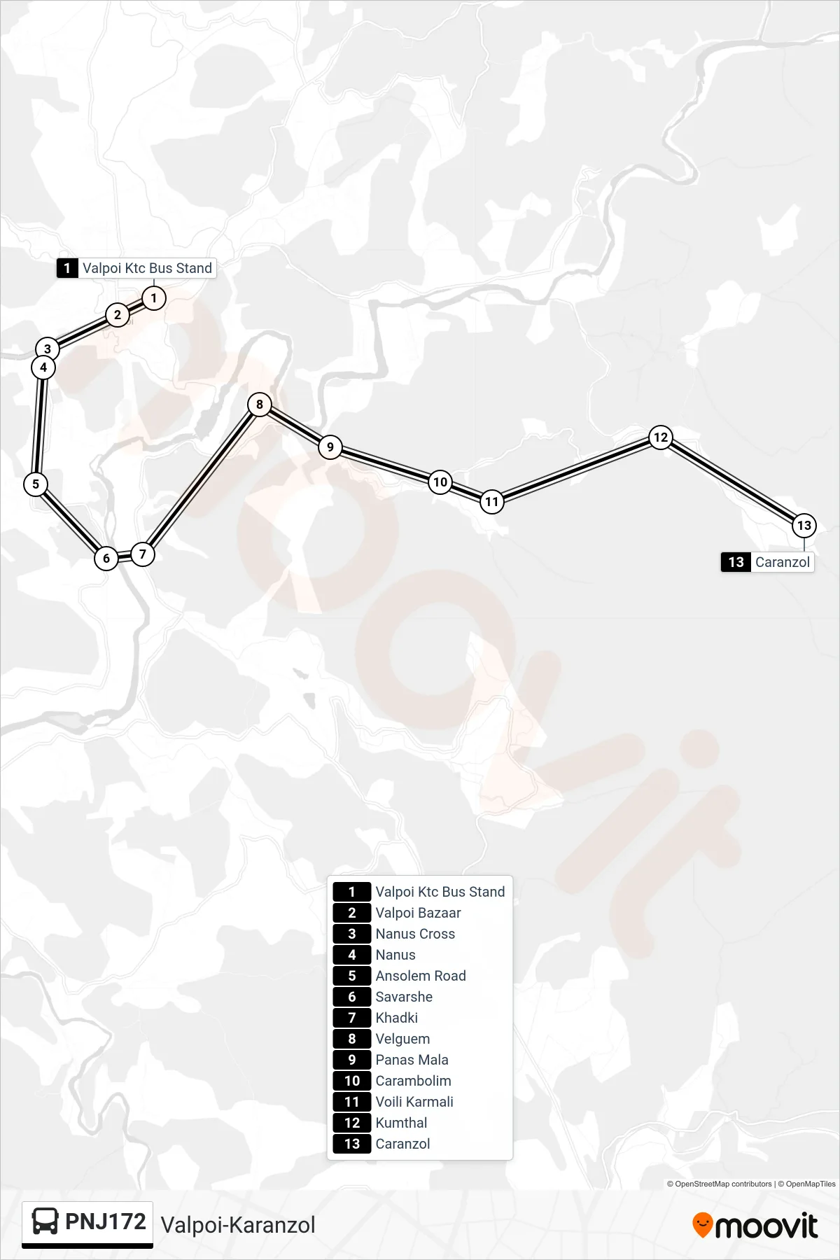 PNJ172 bus Line (Valpoi-Karanzol) route and stops on a map