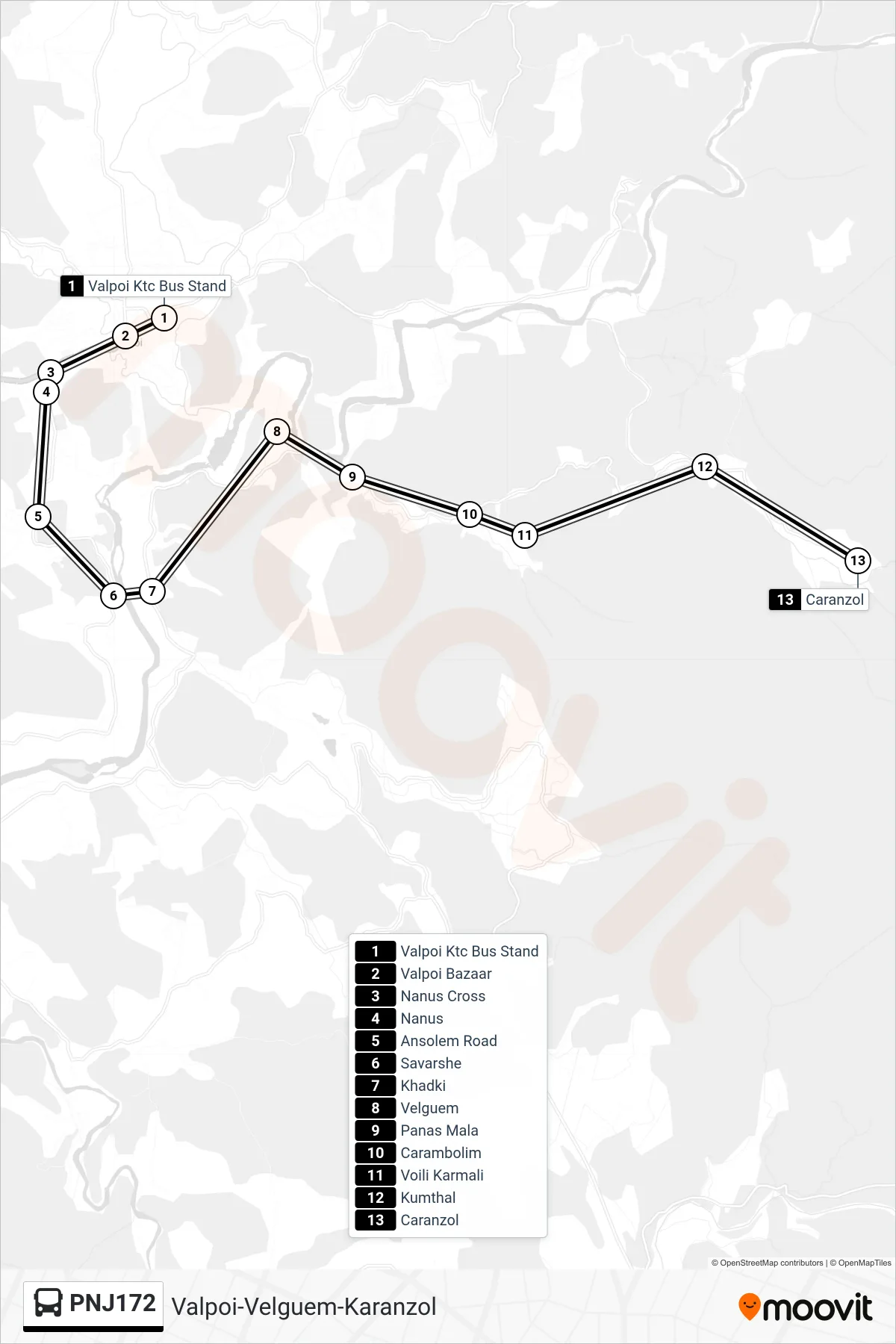 PNJ172 bus Line (Valpoi-Velguem-Karanzol) route and stops on a map