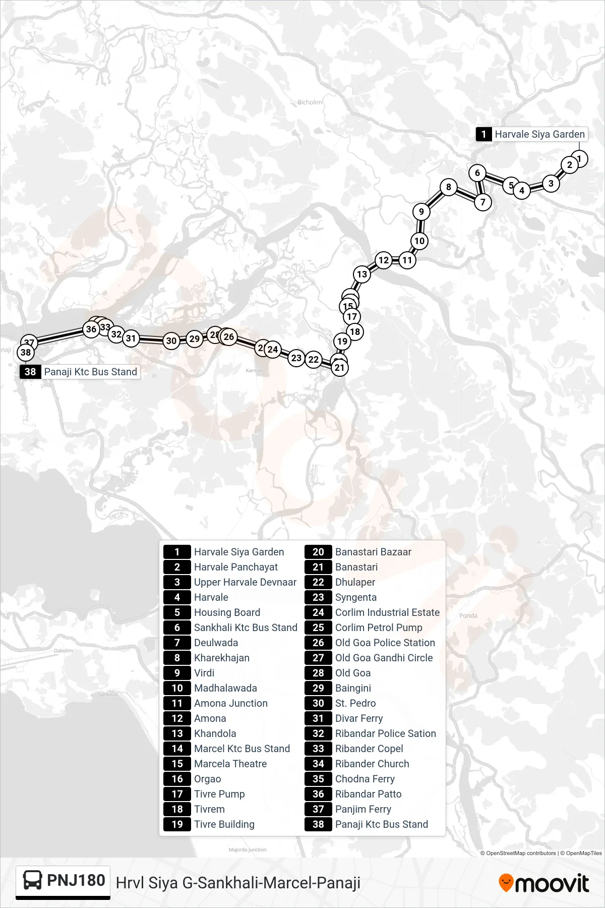 PNJ180 bus Line (Hrvl Siya G-Sankhali-Marcel-Panaji) route and stops on a map
