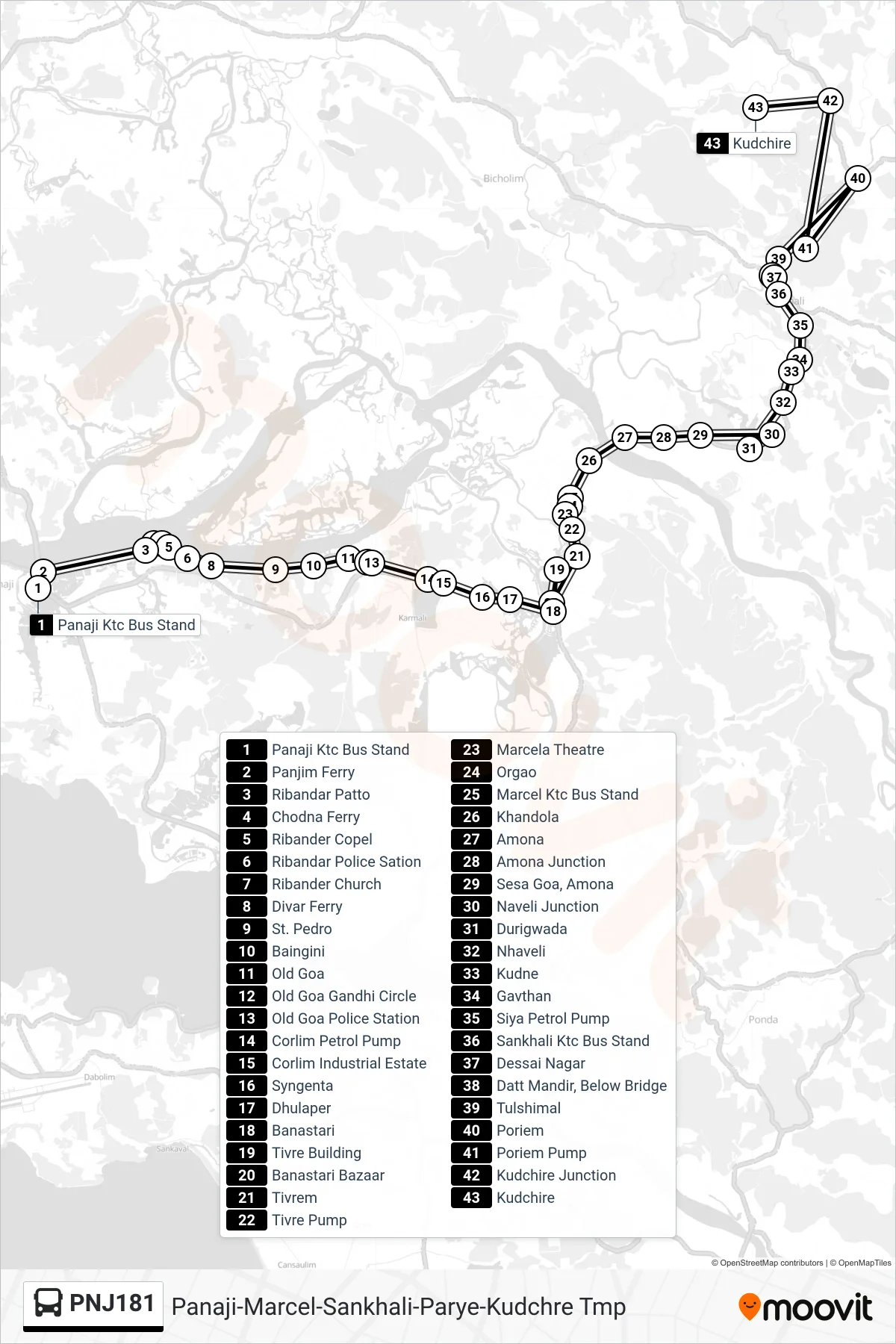 PNJ181 bus Line (Panaji-Marcel-Sankhali-Parye-Kudchre Tmp) route and stops on a map