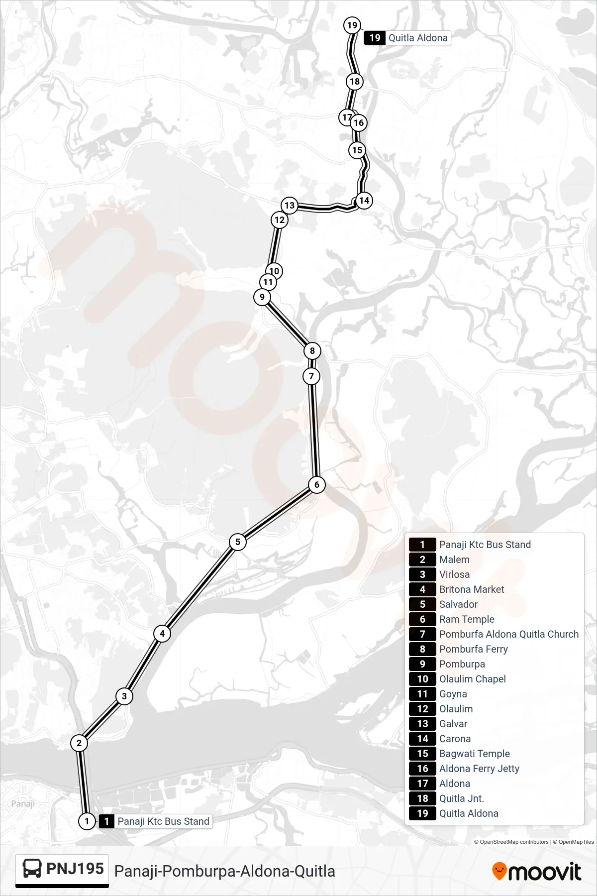 PNJ195 bus Line (Panaji-Pomburpa-Aldona-Quitla) route and stops on a map