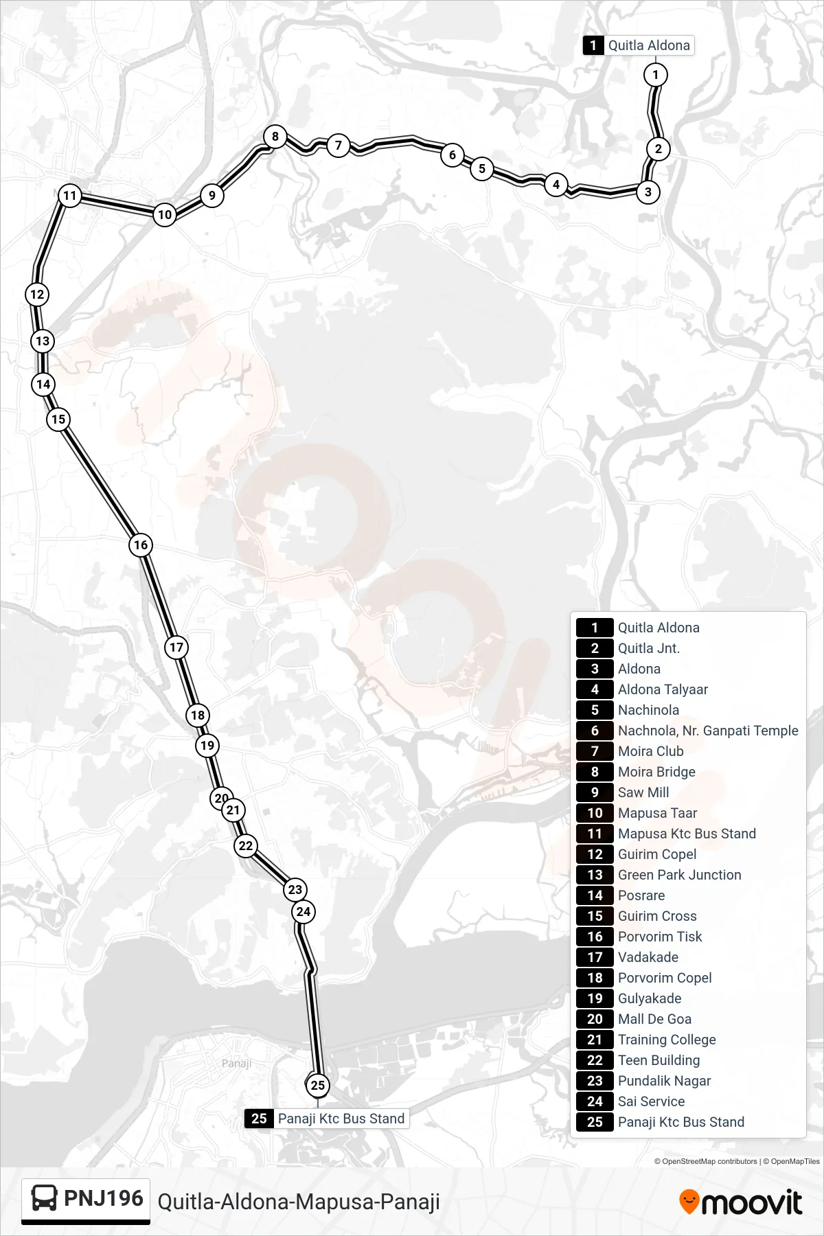 PNJ196 bus Line (Quitla-Aldona-Mapusa-Panaji) route and stops on a map