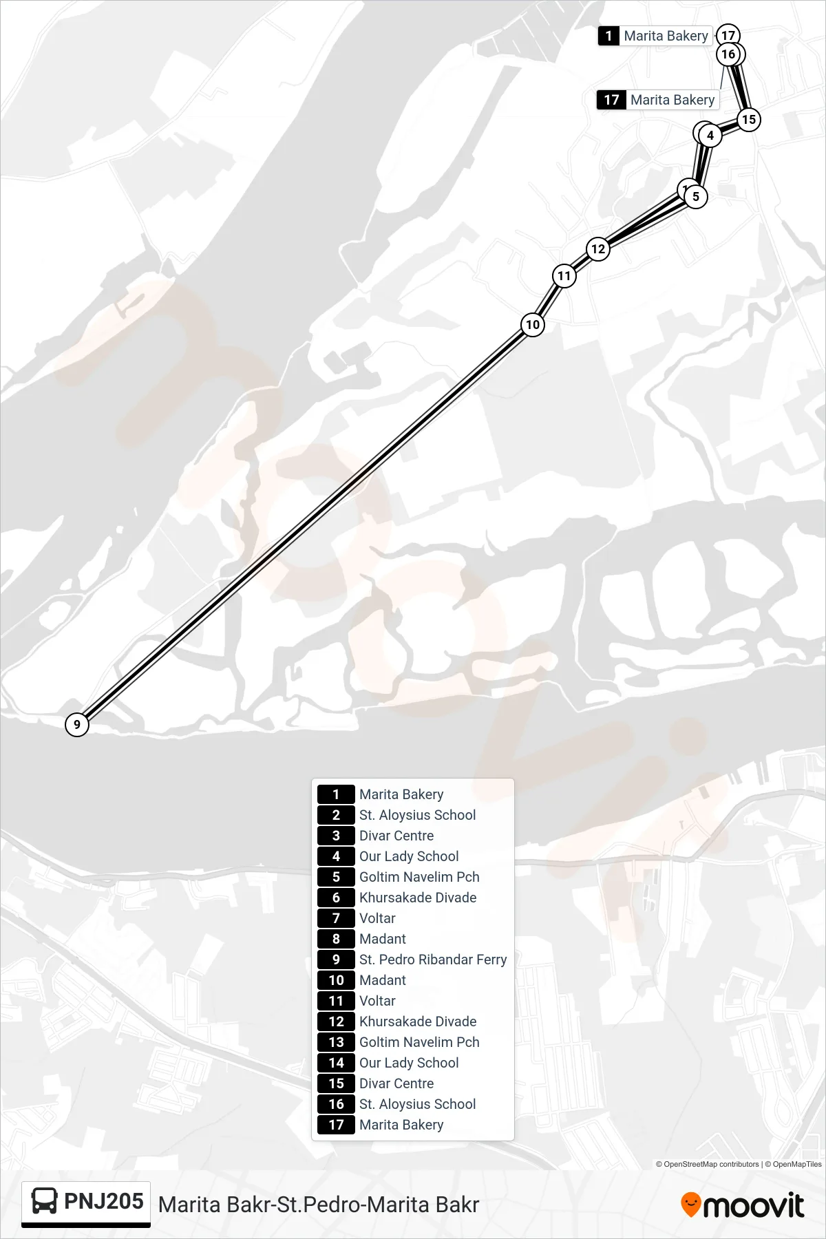 PNJ205 bus Line (Marita Bakr-St.Pedro-Marita Bakr) route and stops on a map