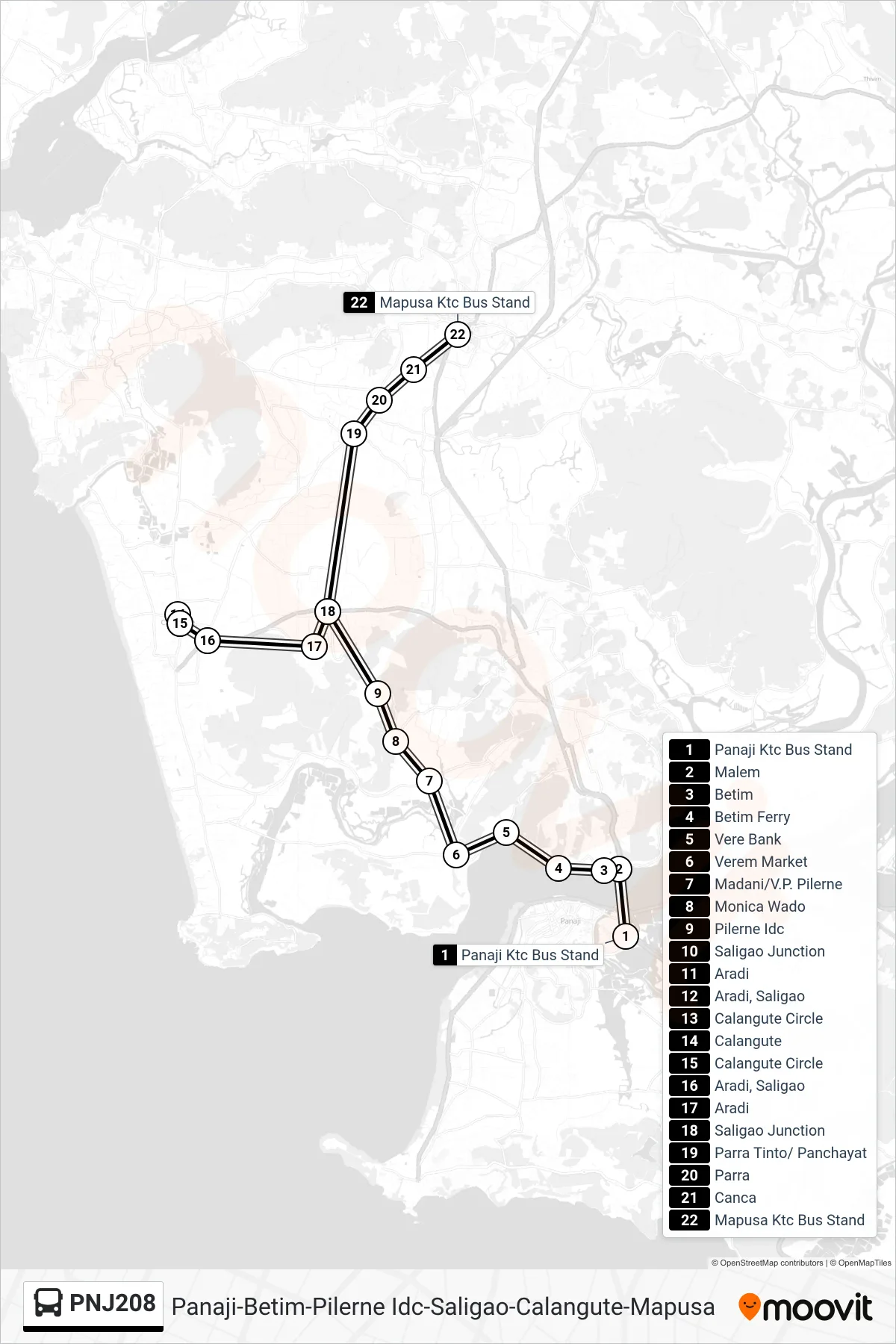 PNJ208 bus Line (Panaji-Betim-Pilerne Idc-Saligao-Calangute-Mapusa) route and stops on a map