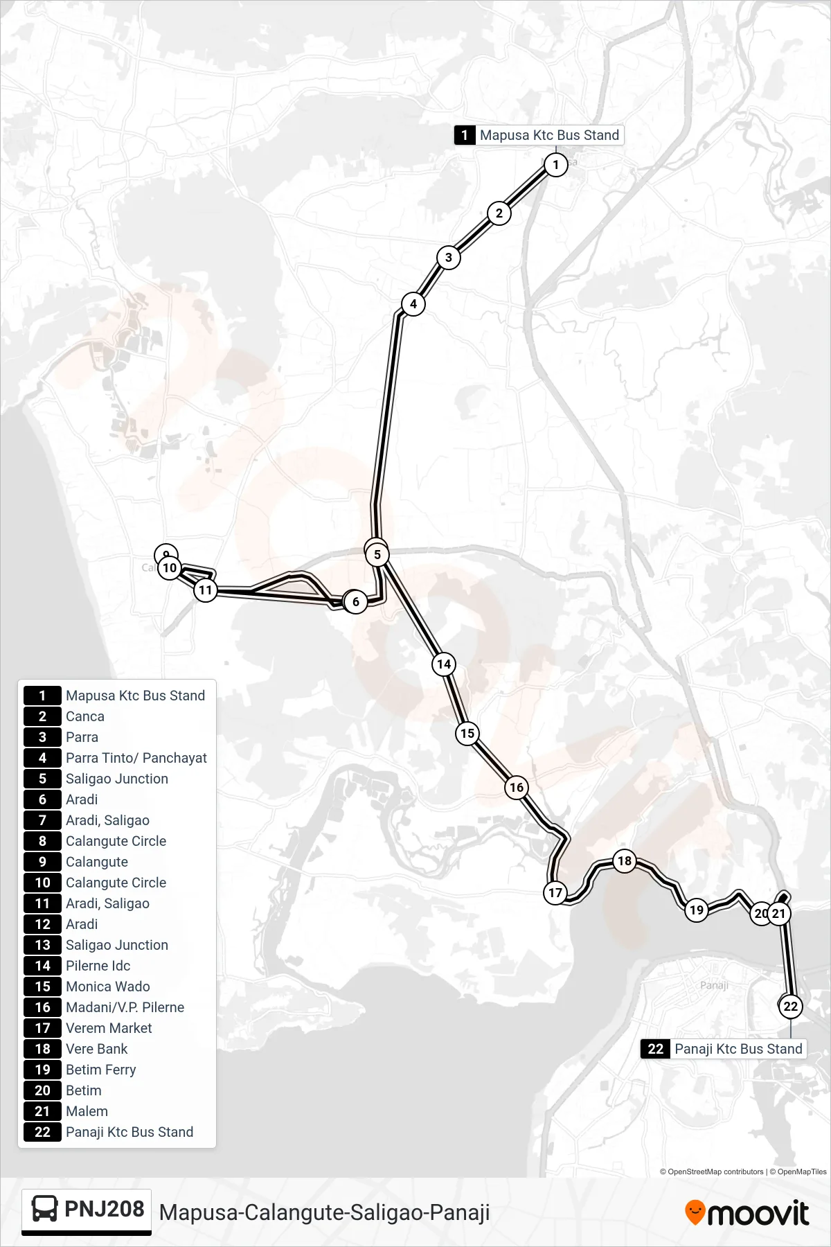PNJ208 bus Line (Mapusa-Calangute-Saligao-Panaji) route and stops on a map