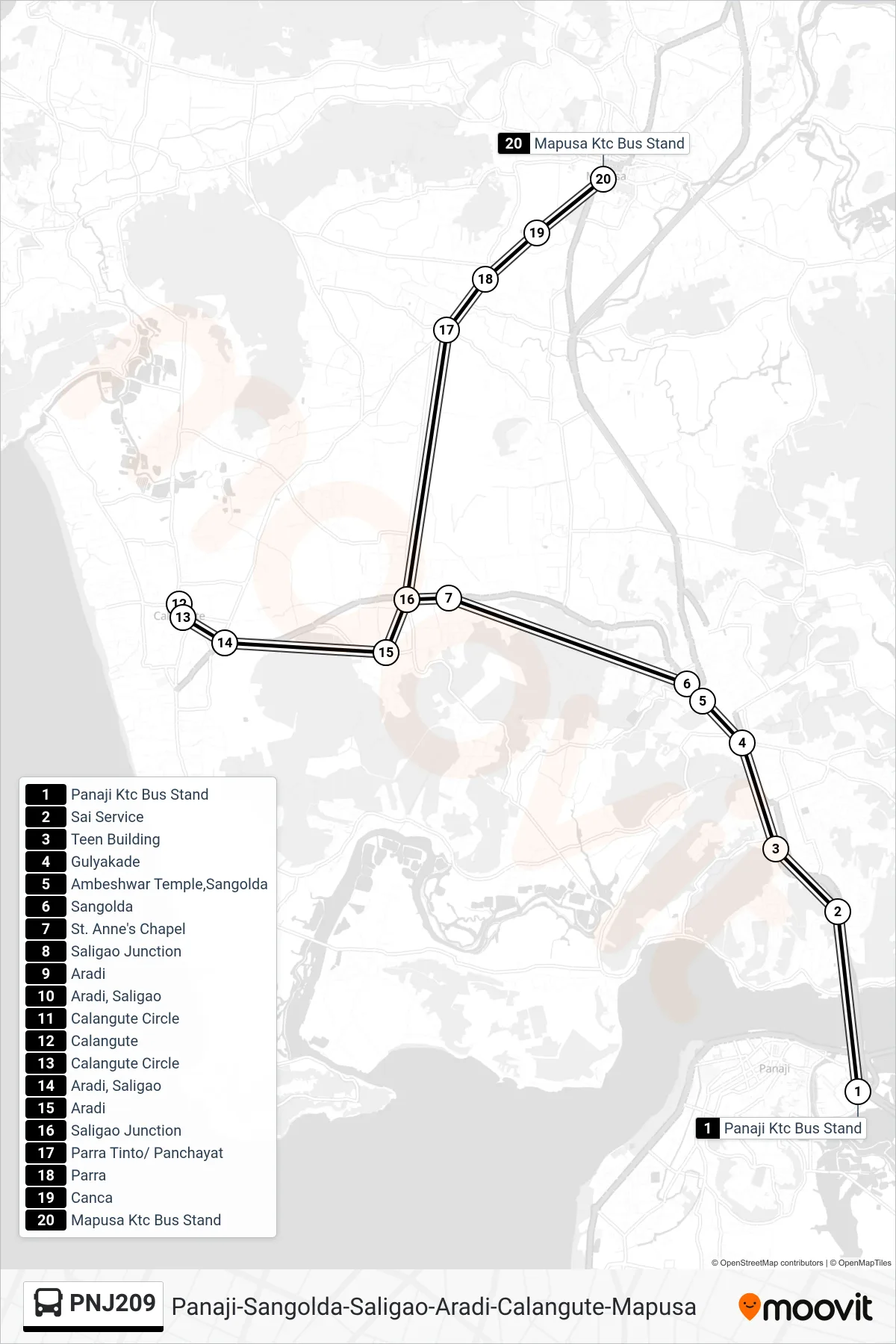 PNJ209 bus Line (Panaji-Sangolda-Saligao-Aradi-Calangute-Mapusa) route and stops on a map