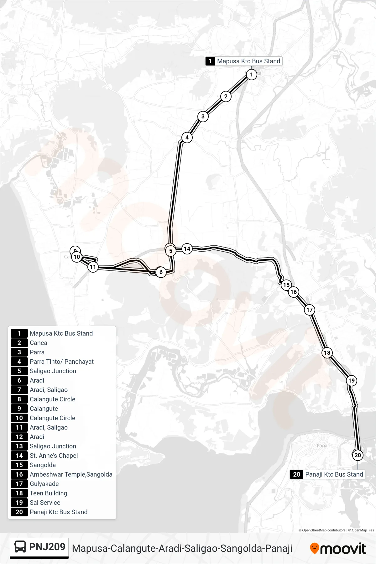 PNJ209 bus Line (Mapusa-Calangute-Aradi-Saligao-Sangolda-Panaji) route and stops on a map