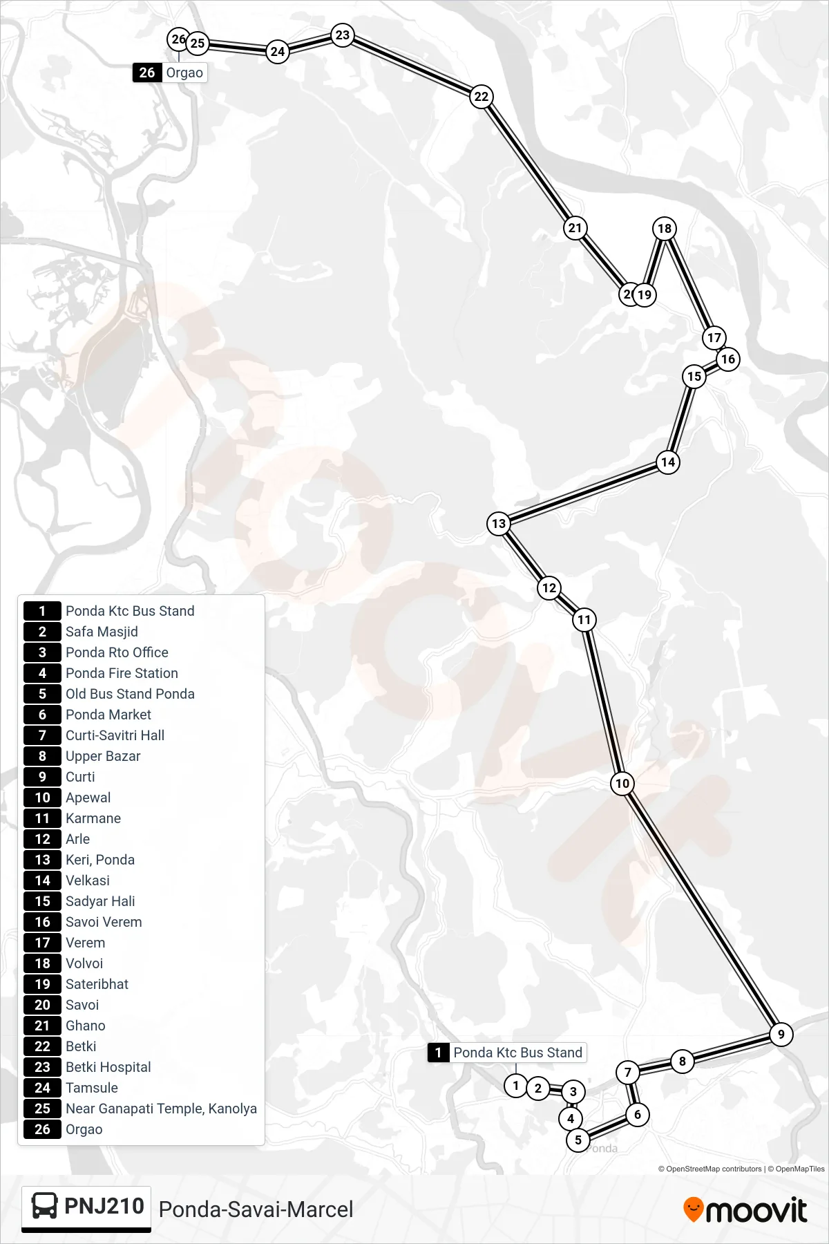 PNJ210 bus Line (Ponda-Savai-Marcel) route and stops on a map