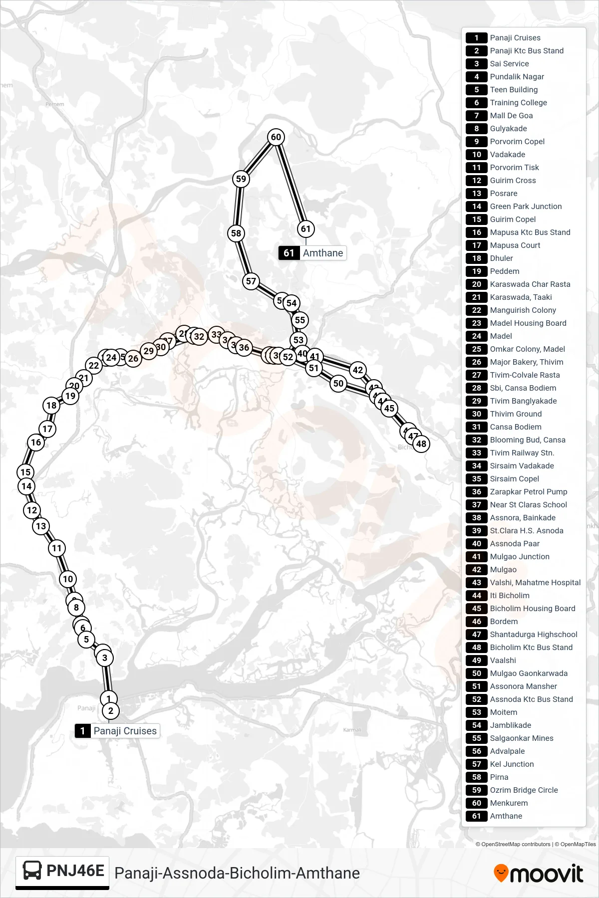 PNJ46E bus Line (Panaji-Assnoda-Bicholim-Amthane) route and stops on a map