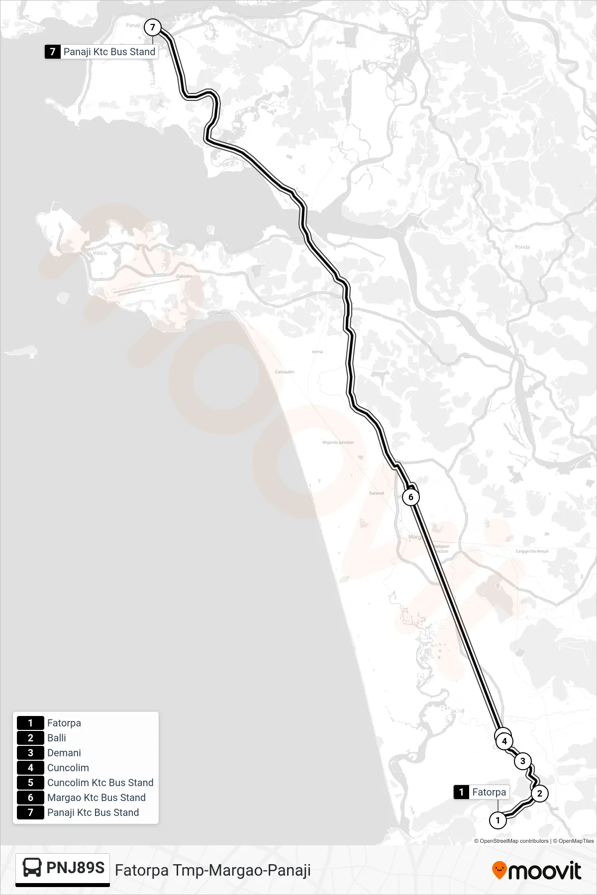 PNJ89S bus Line (Fatorpa Tmp-Margao-Panaji) route and stops on a map