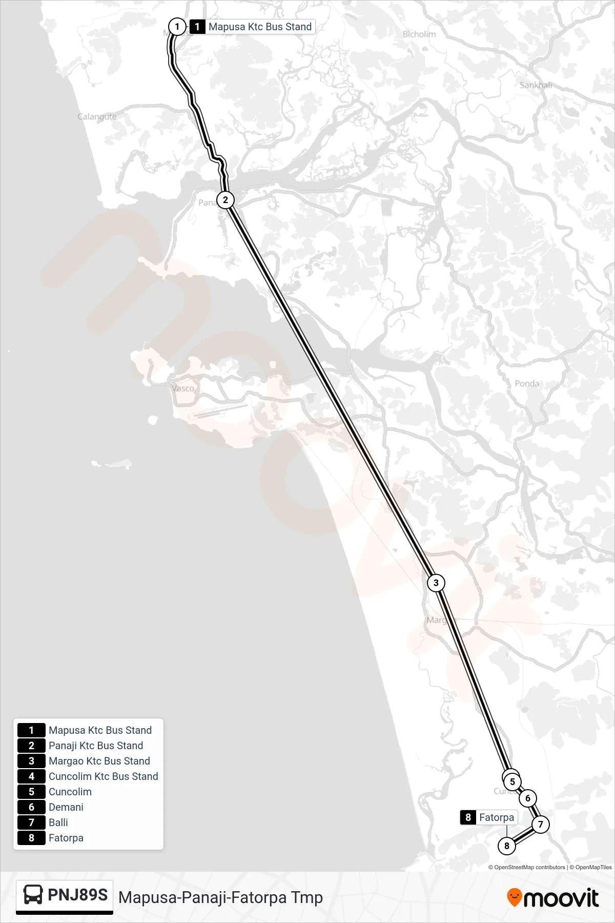 PNJ89S bus Line (Mapusa-Panaji-Fatorpa Tmp) route and stops on a map