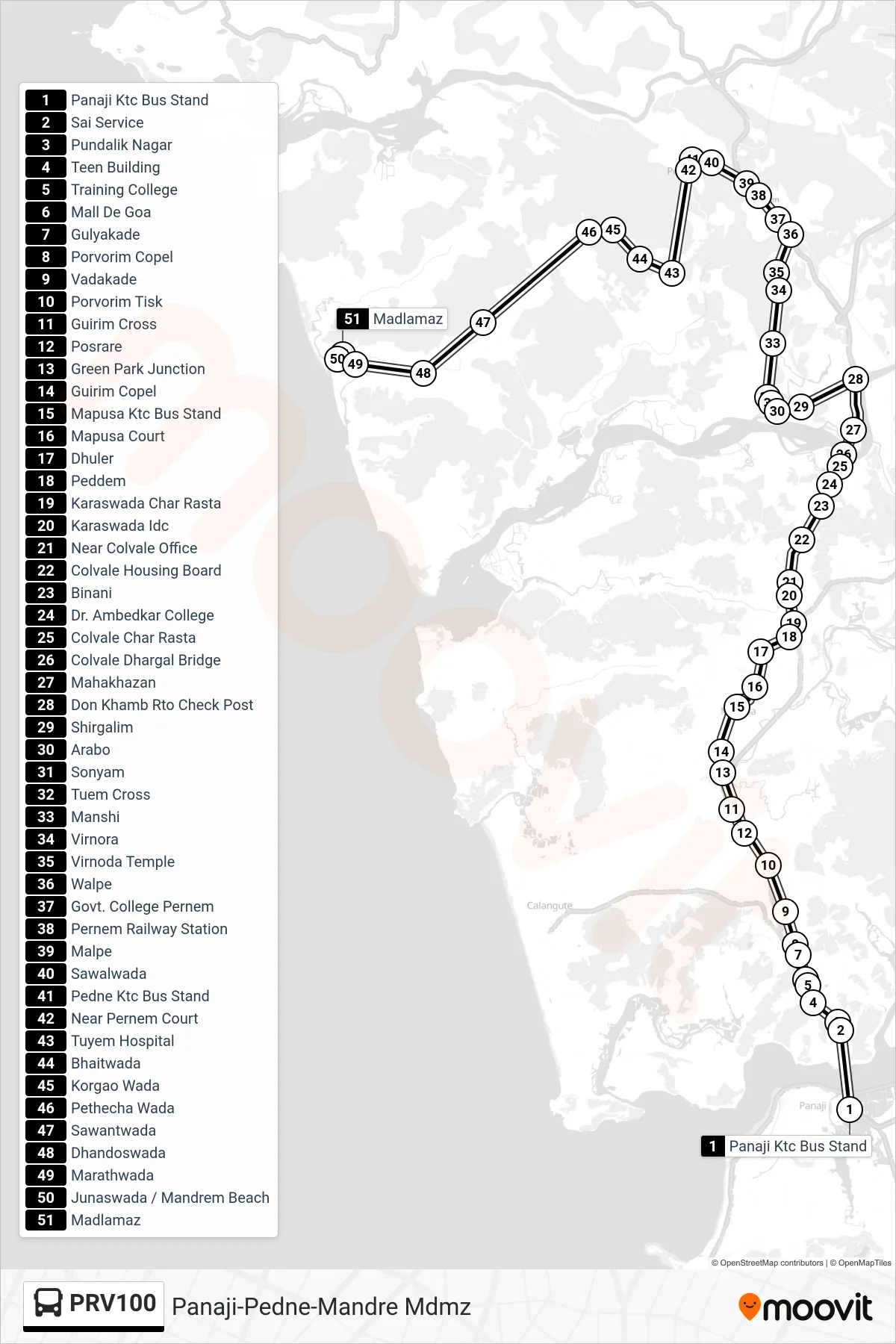 PRV100 bus Line (Panaji-Pedne-Mandre Mdmz) route and stops on a map