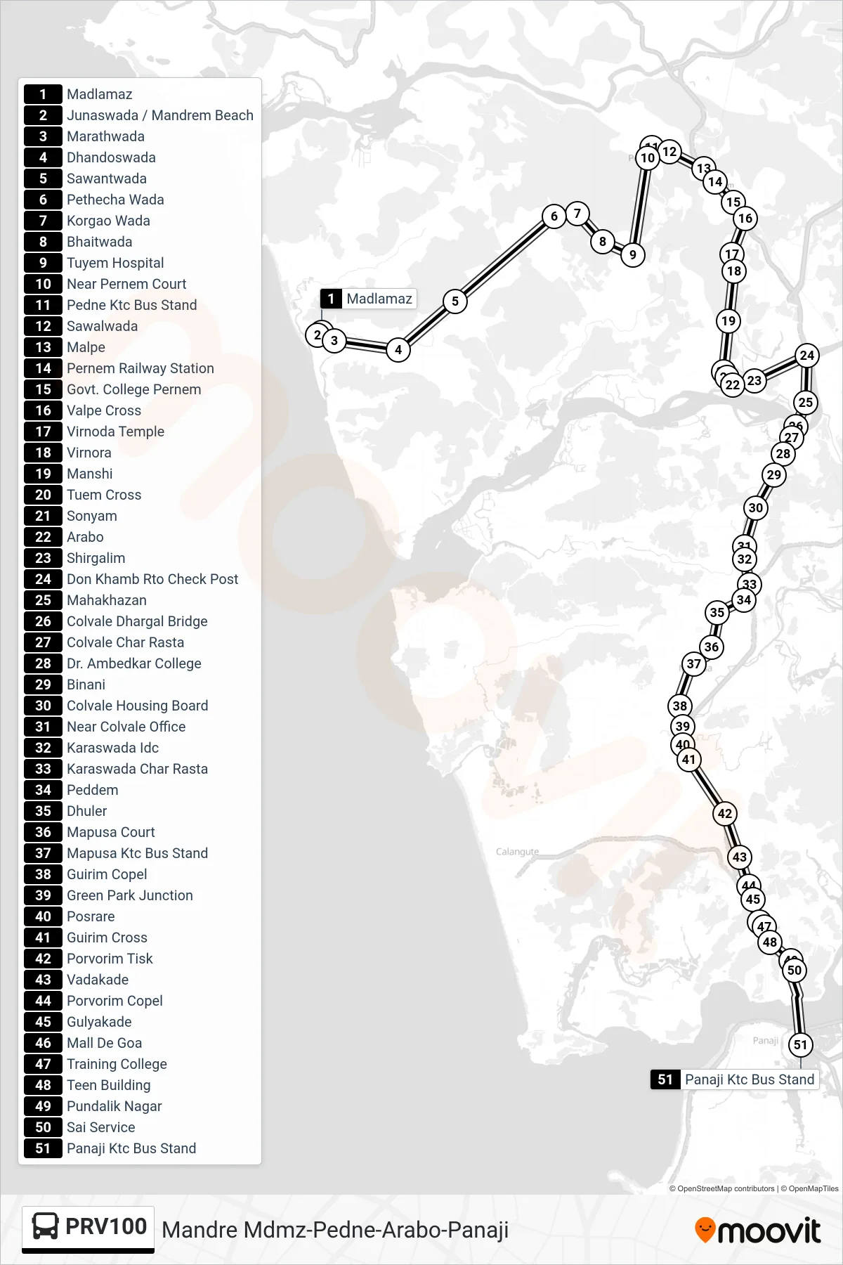 PRV100 bus Line (Mandre Mdmz-Pedne-Arabo-Panaji) route and stops on a map