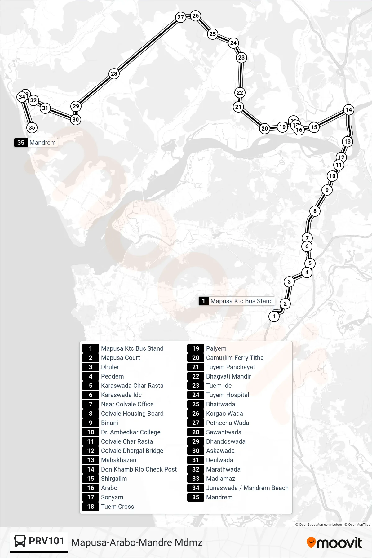 PRV101 bus Line (Mapusa-Arabo-Mandre Mdmz) route and stops on a map