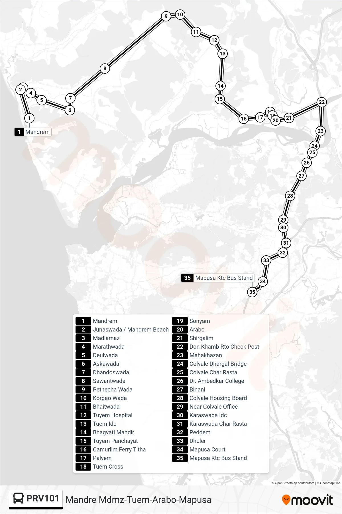 PRV101 bus Line (Mandre Mdmz-Tuem-Arabo-Mapusa) route and stops on a map