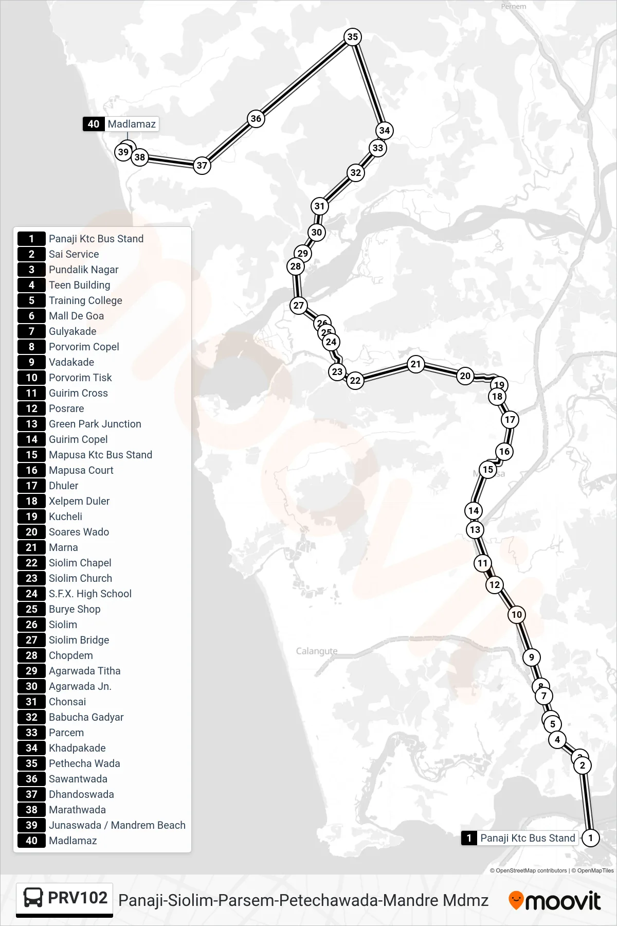 PRV102 bus Line (Panaji-Siolim-Parsem-Petechawada-Mandre Mdmz) route and stops on a map