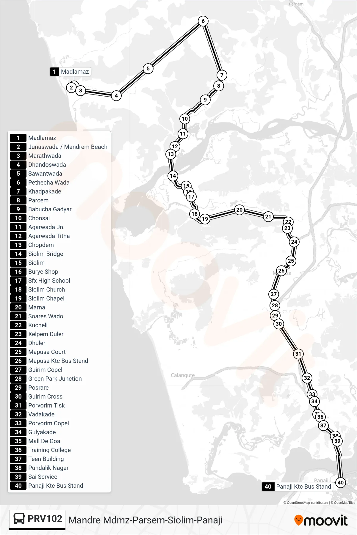 PRV102 bus Line (Mandre Mdmz-Parsem-Siolim-Panaji) route and stops on a map