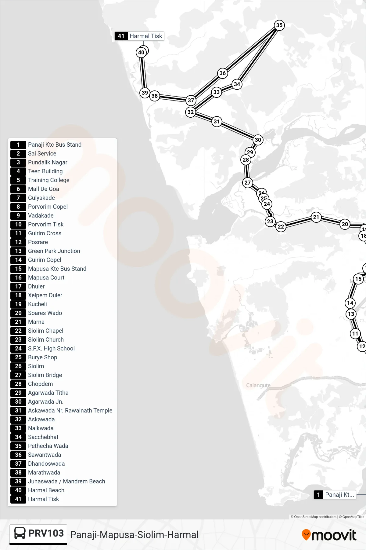 PRV103 bus Line (Panaji-Mapusa-Siolim-Harmal) route and stops on a map